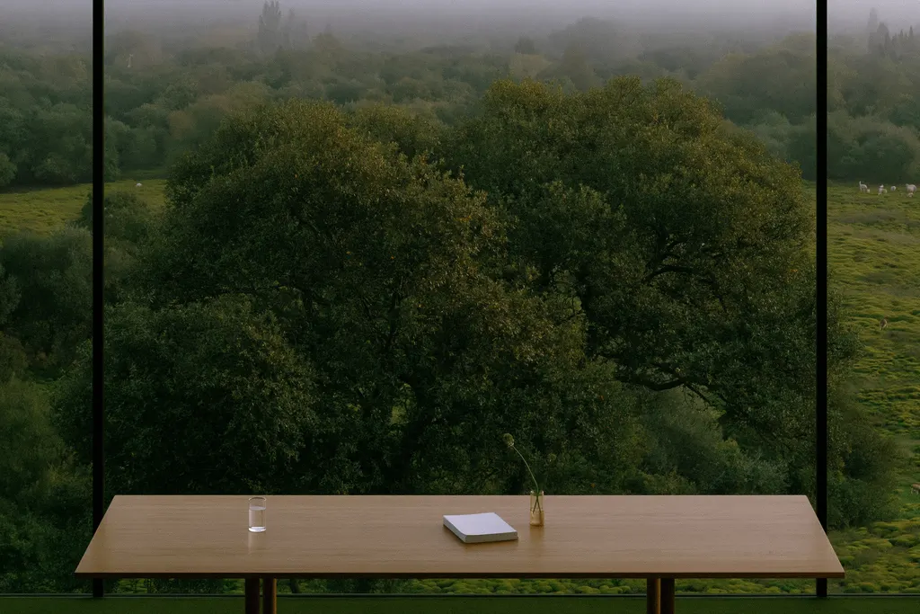 Eichentisch vor einem Fenster mit Blick auf Baum und Wiese
